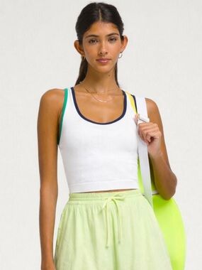 WILSON | Everday Brami Top in White with Navy/Green/Yellow Trim, Size Medium